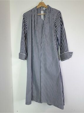 Partow women's long sleeve Striped belted Shirt Dress v neck poplin cotton blue